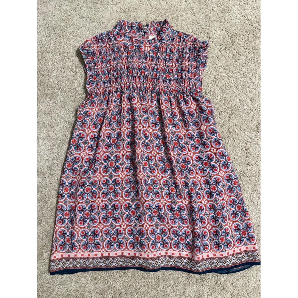 Max Studio Red Blue Medallion Tile Print Smocked Sleeveless Top Small